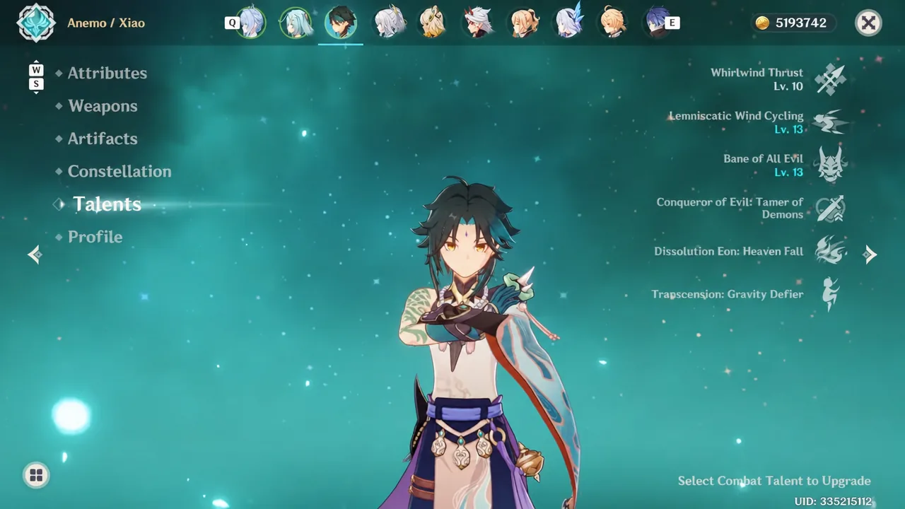 Genshin Impact Talents screen showing Xiao's combat talent list ready for upgrading