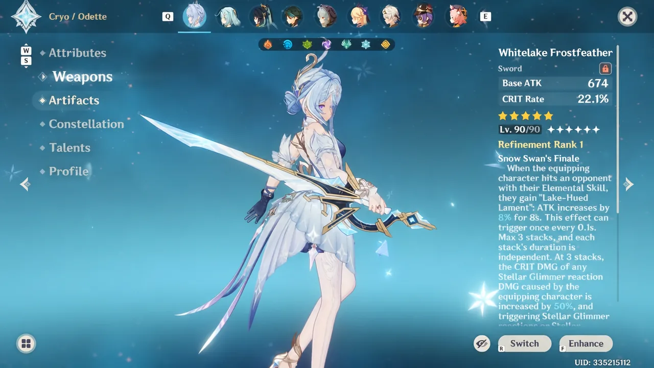 Weapons menu showing Odette equipped with the Whitelake Frostfeather sword