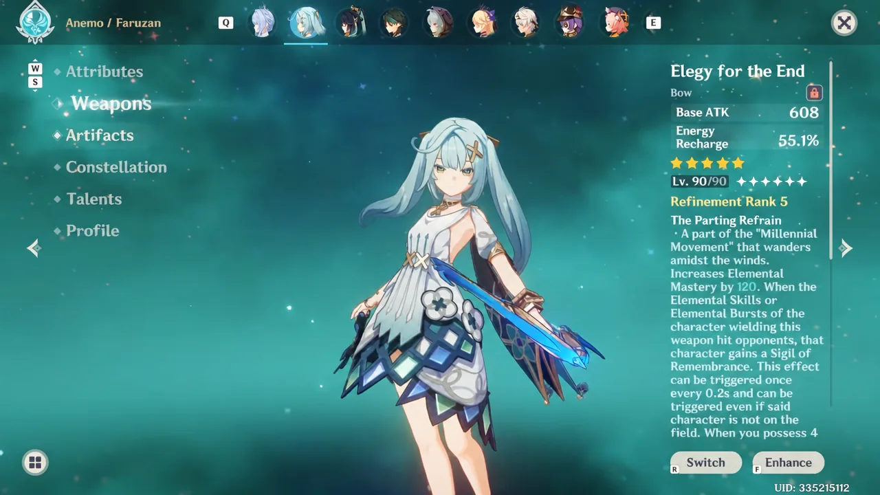 Weapons menu open on the Elegy for the End bow with its stats and passive shown