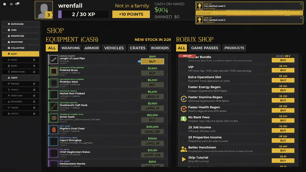 Shop menu open with the buy option selected for the Length of Lead Pipe weapon