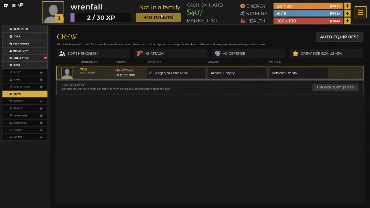 Crew screen showing the current henchman and open equipment slots