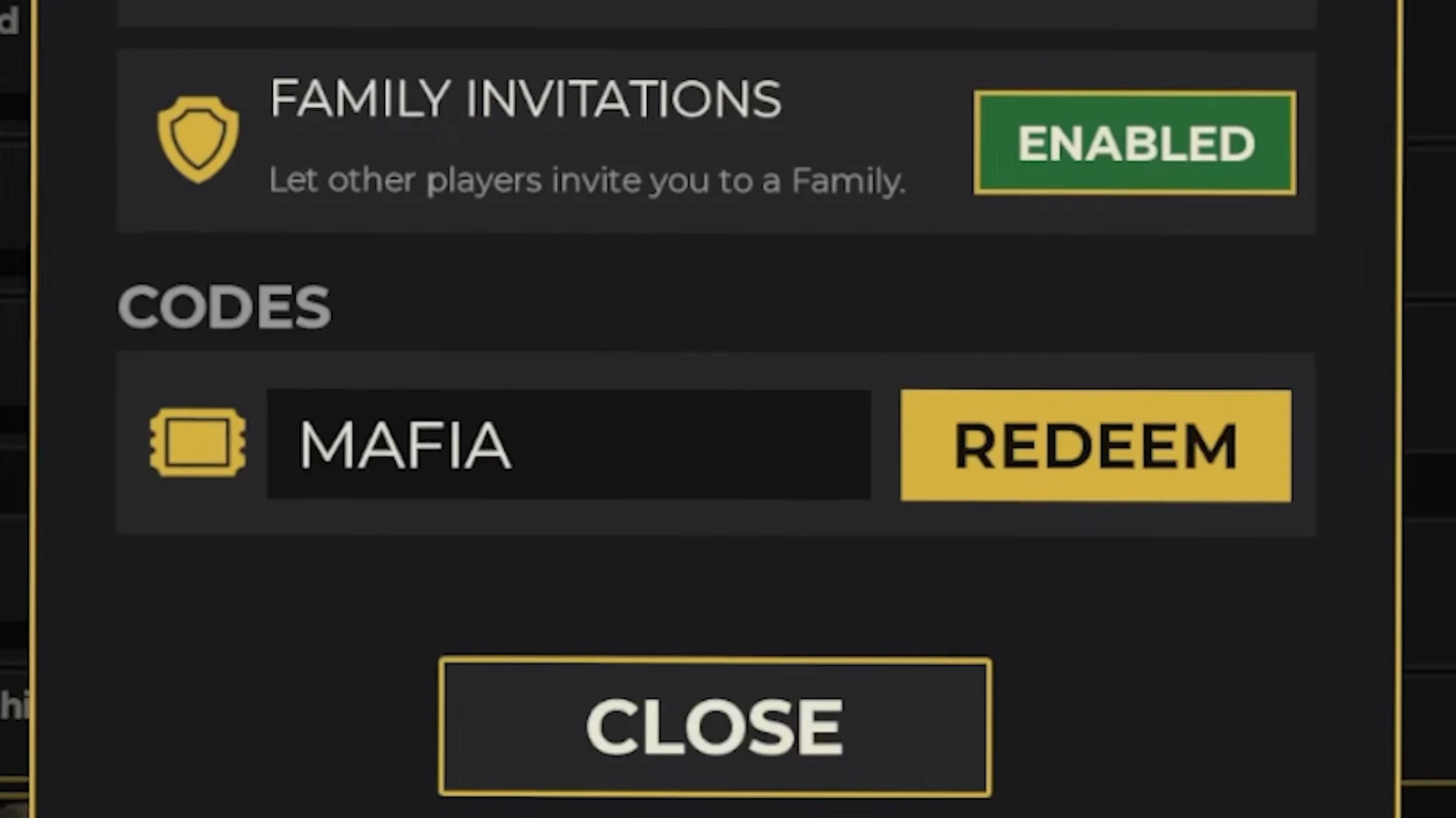 Codes menu with MAFIA typed into the entry field and the REDEEM button beside it