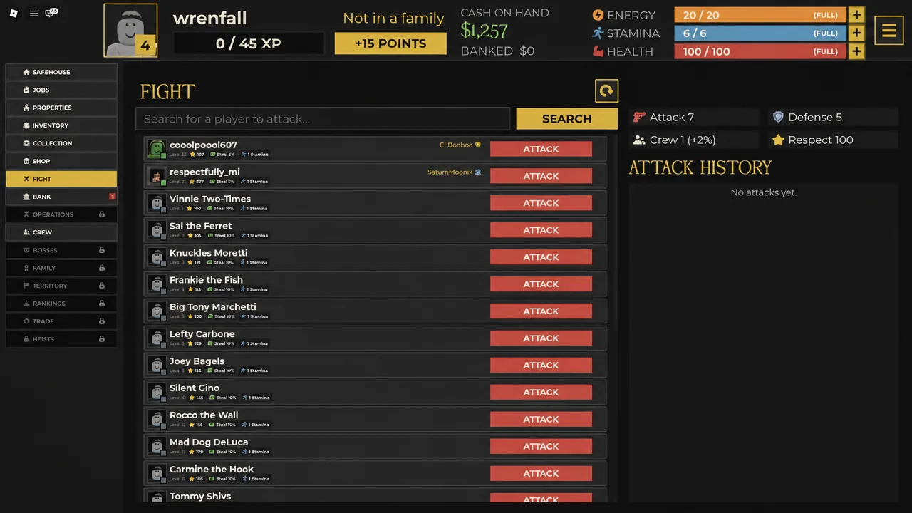 Fight tab with the player search box and search button for finding a target