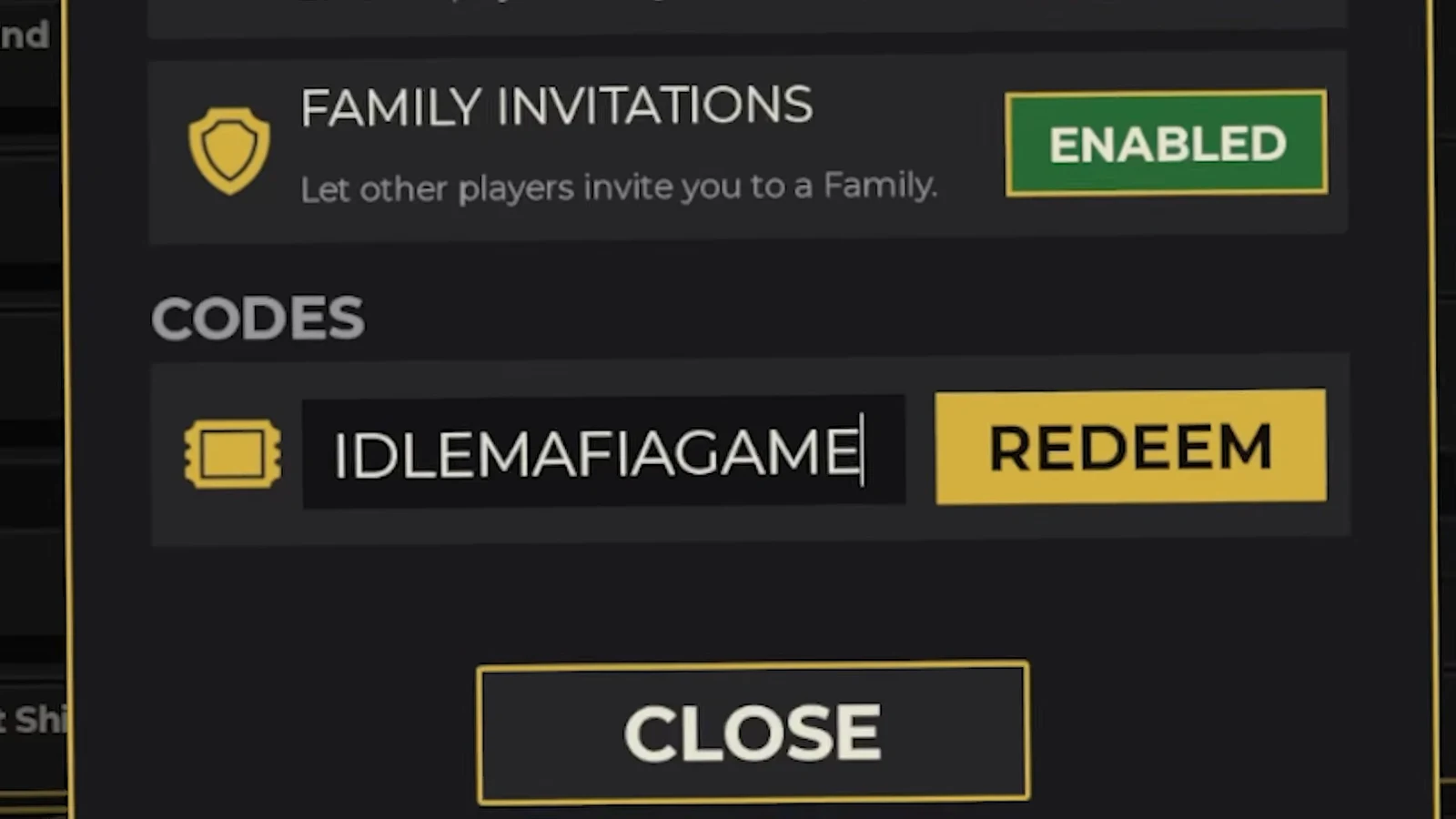 IDLEMAFIAGAME entered in the code field with the redeem button ready