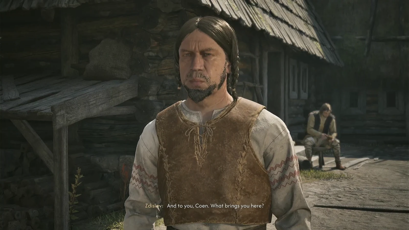 Dialogue with Zdislav in the village showing his greeting subtitle to Coen