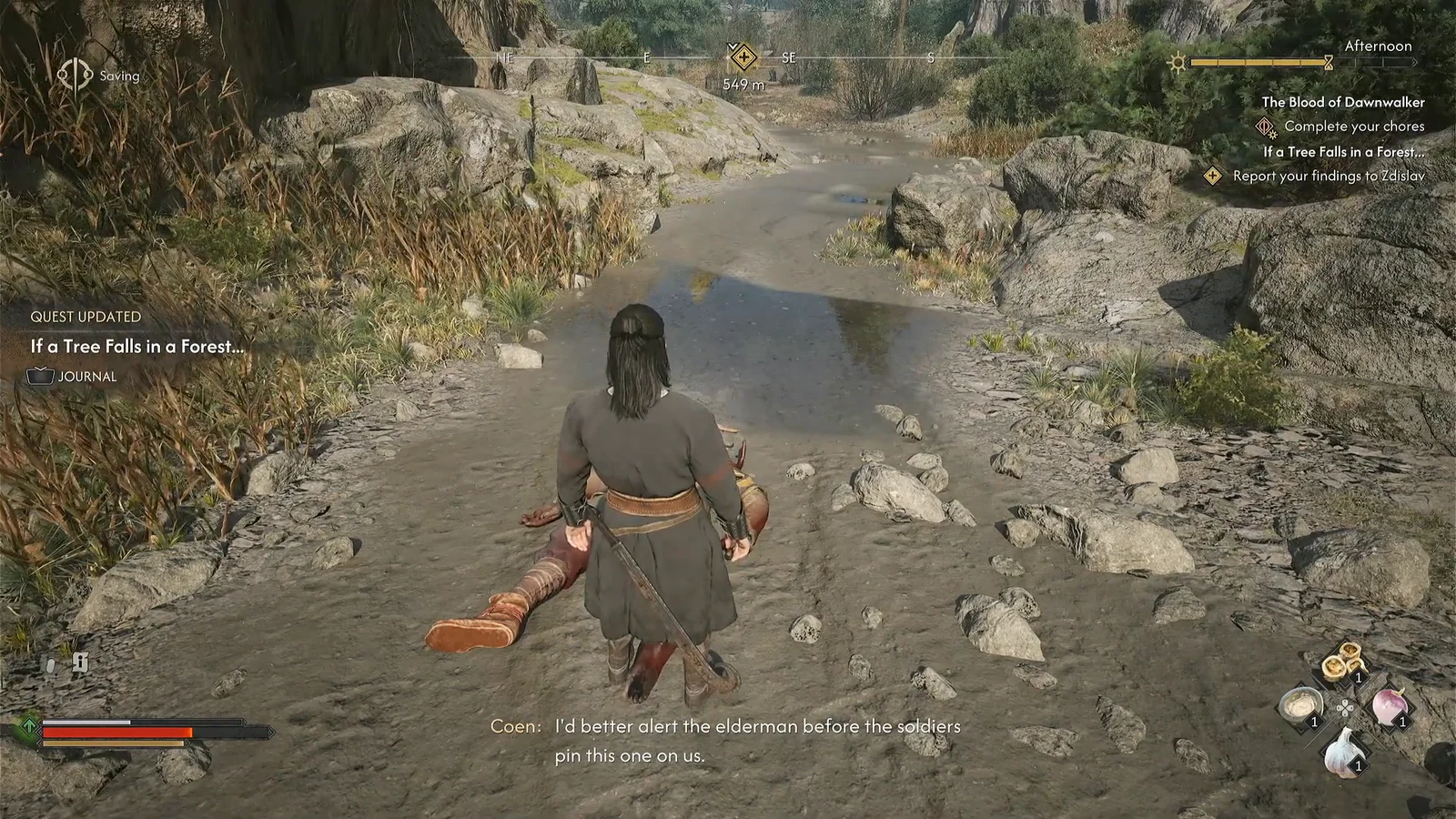 Quest tracker updating to the report objective after Coen searches the dead uriash