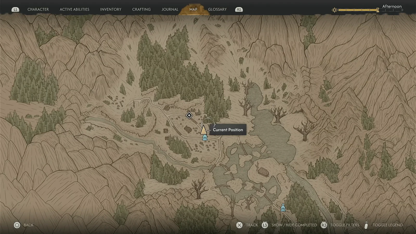 Open world map with the Current Position marker highlighted in the Northern Foothills