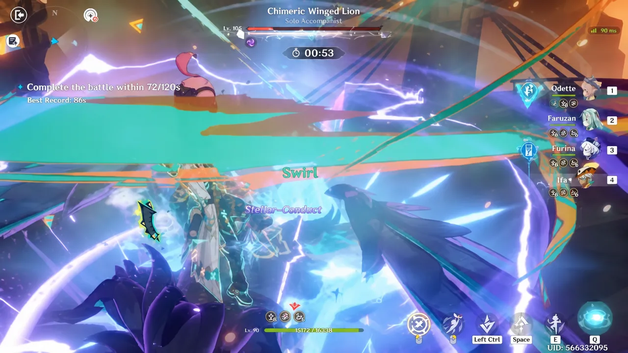 Cryo Swirl reaction spreading across the Chimeric Winged Lion during the damage window