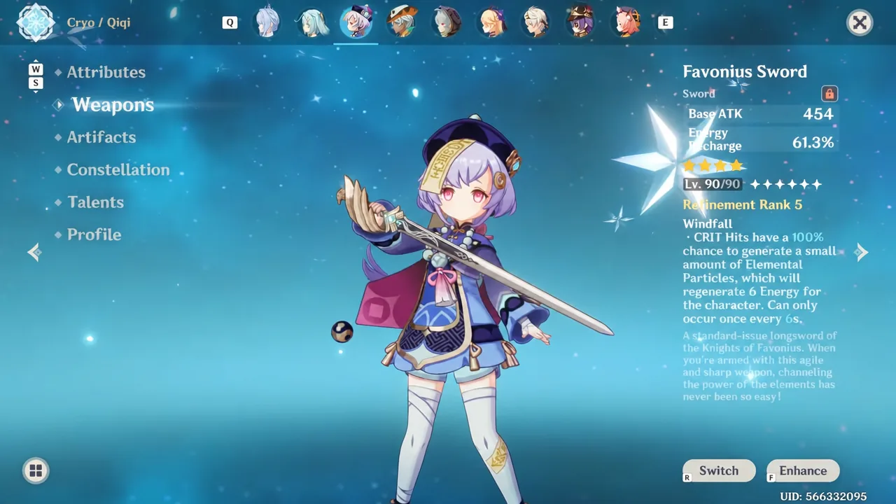 Weapon screen showing the Favonius Sword equipped on Qiqi with its stats