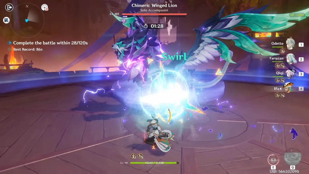 Swirl reaction triggering on the Chimeric Winged Lion with the challenge timer visible