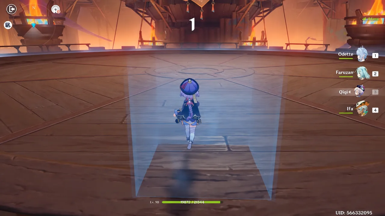 Player character sprinting through a translucent blue field at the start of the Stygian Onslaught arena