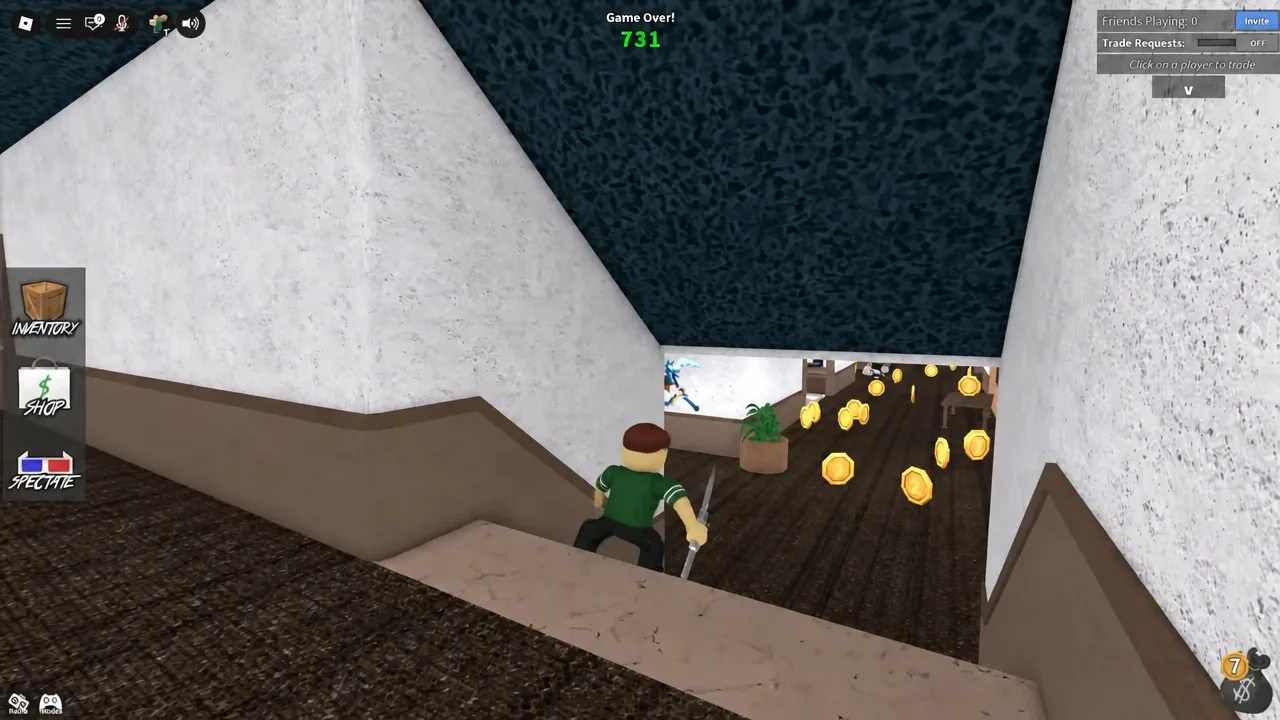MM2 Game Over screen with the player holding a knife and moving toward coins in a hallway