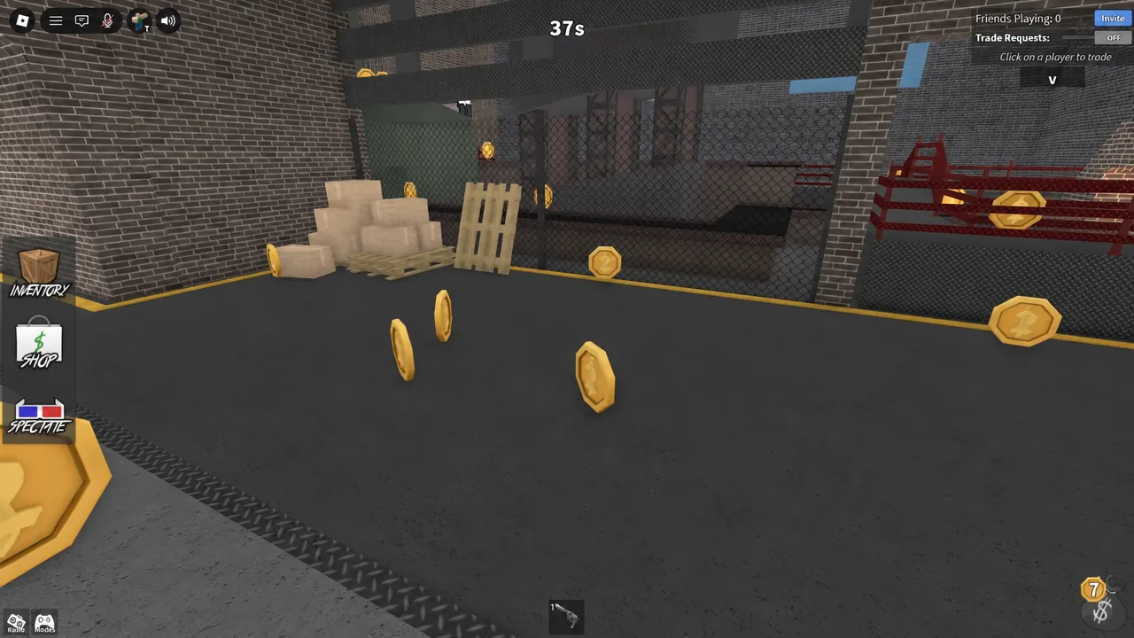 Player character picking up scattered gold coins in MM2 with 37 seconds left on the round timer