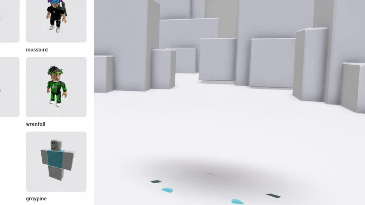 Roblox character selection sidebar with the graypine character card highlighted among available avatars