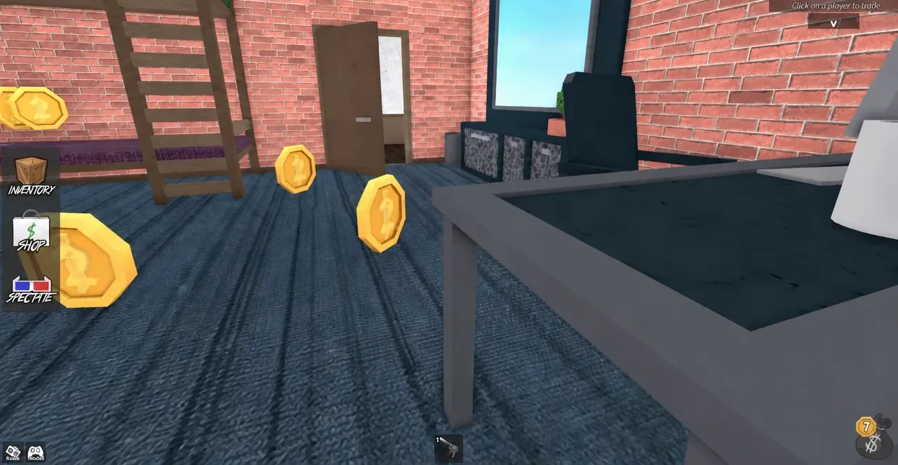 MM2 gameplay screen with a trade prompt open next to the Inventory, Shop and Spectate buttons and nearby coins