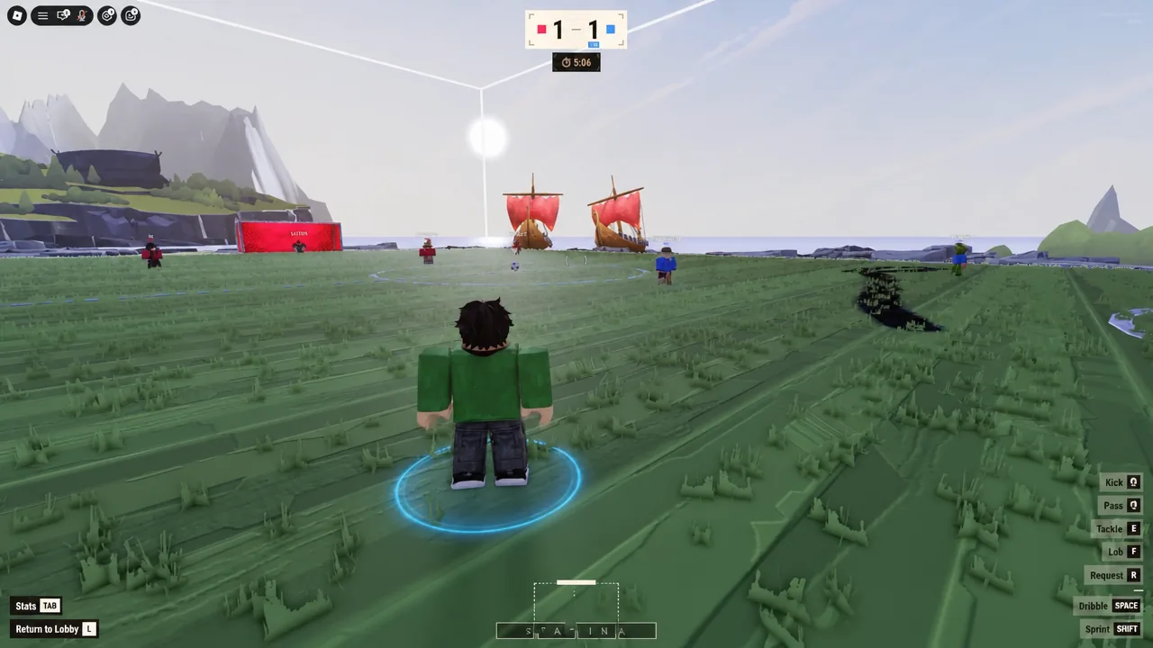 Avatar standing on the pitch during a tied match with control prompts visible