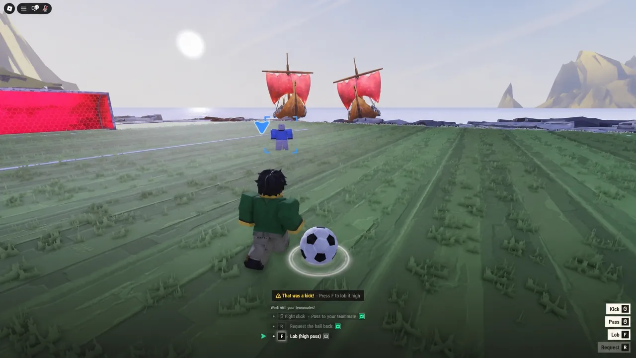 Gameplay screen showing the soccer ball and the F key Lob high pass control prompt