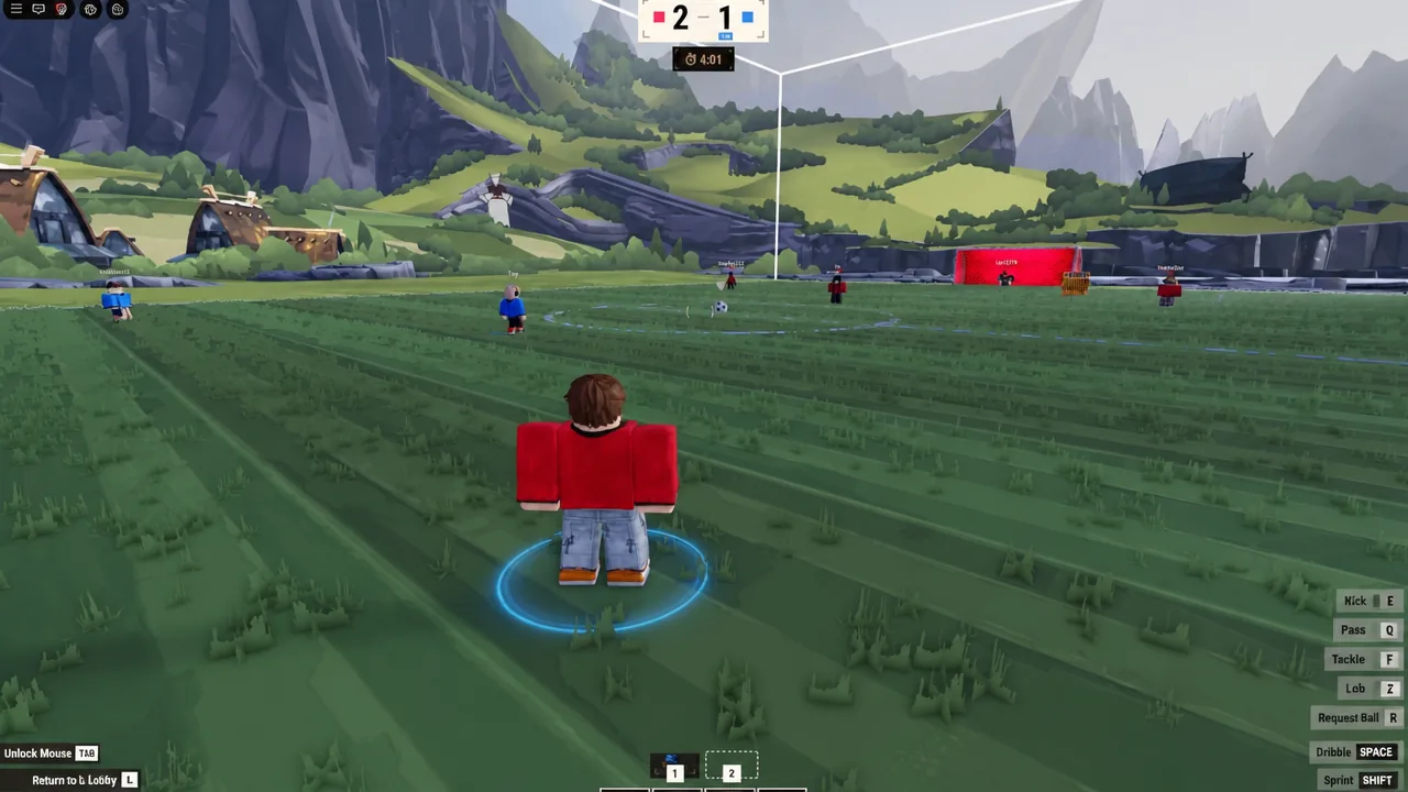 Controlled red-shirt player highlighted by a blue ring during a match