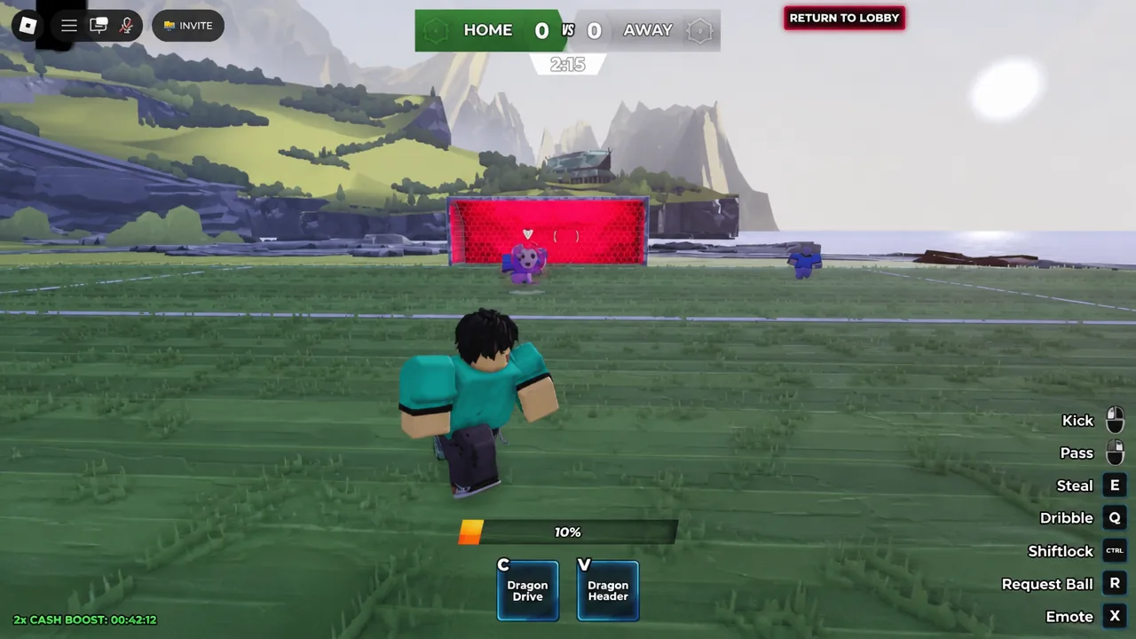 Player avatar dribbling toward the red goal during a match