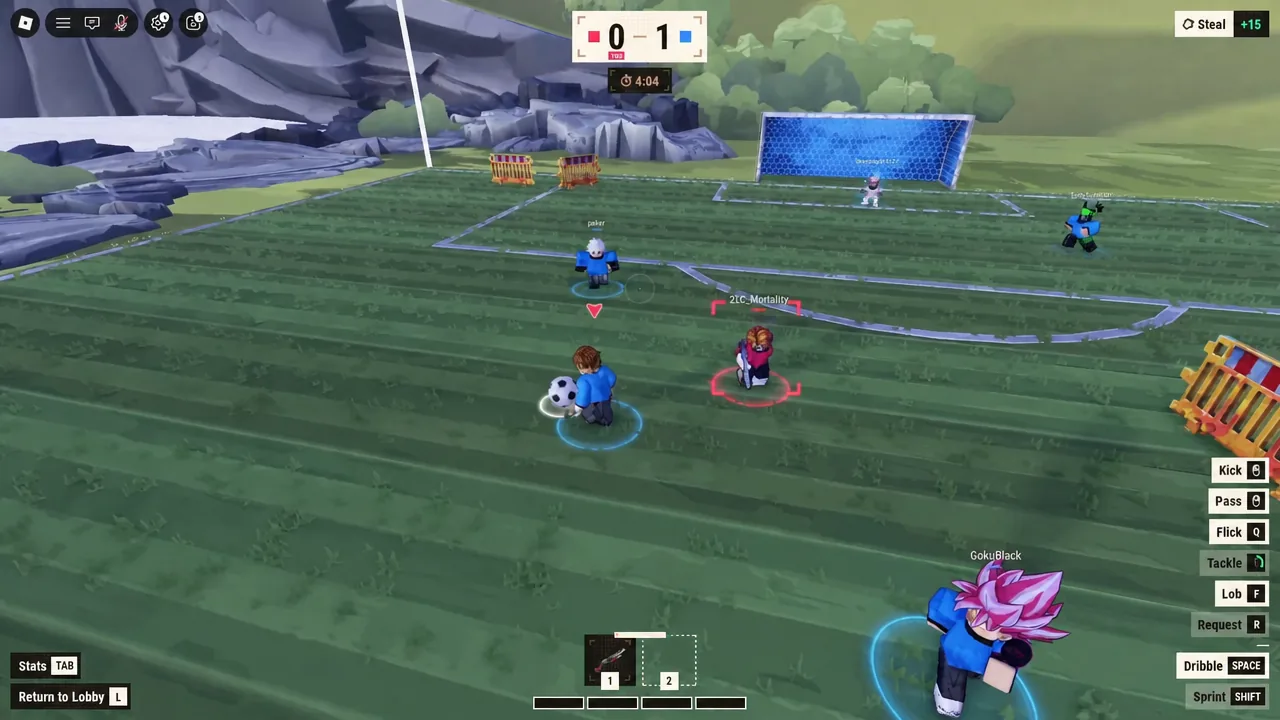 Blue-team player carrying the ball toward an opponent with kick, pass, flick, and dribble prompts on screen