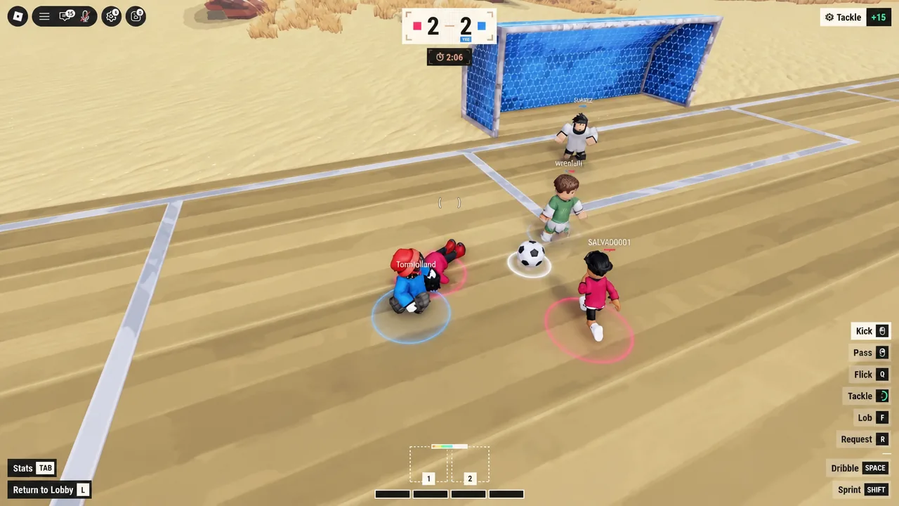 Players contesting the ball near the goal with the Tackle button highlighted on the HUD