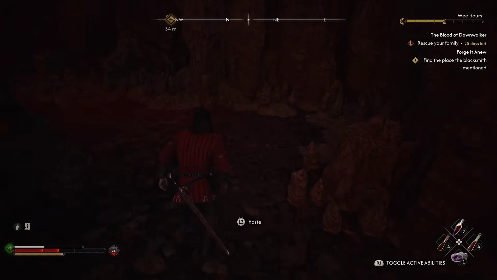 Player using Haste to travel toward the northwest marker for the tempering cave