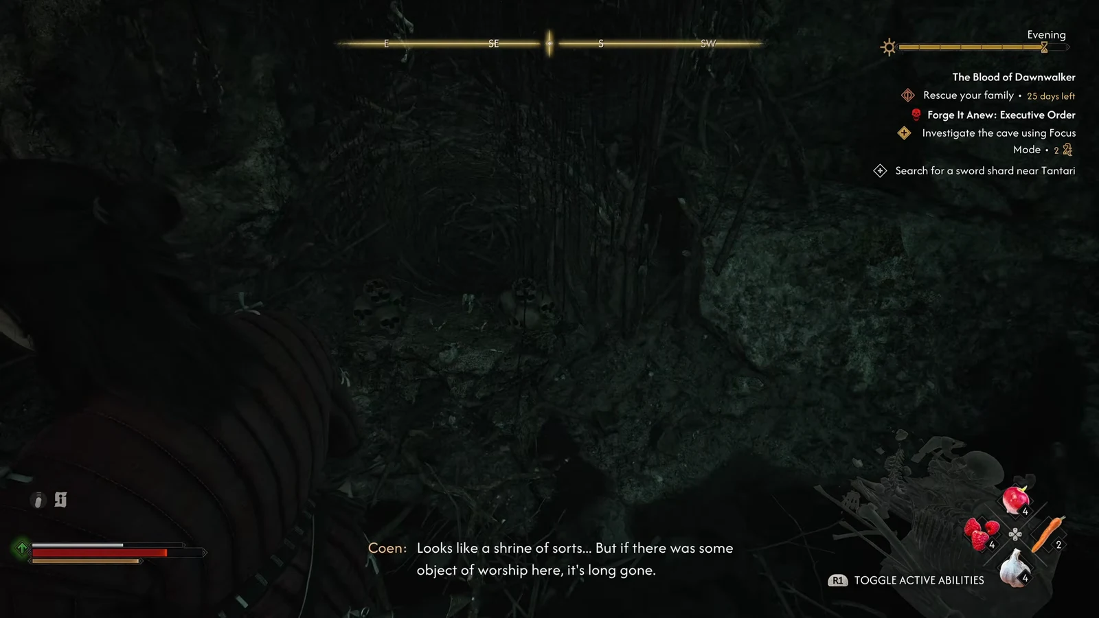 Coen inspecting a cave shrine with a Focus Mode investigation objective active
