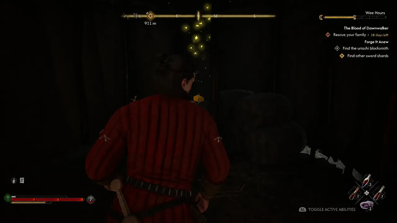 Quest tracker showing a Blood of Dawnwalker objective while moving toward the goal