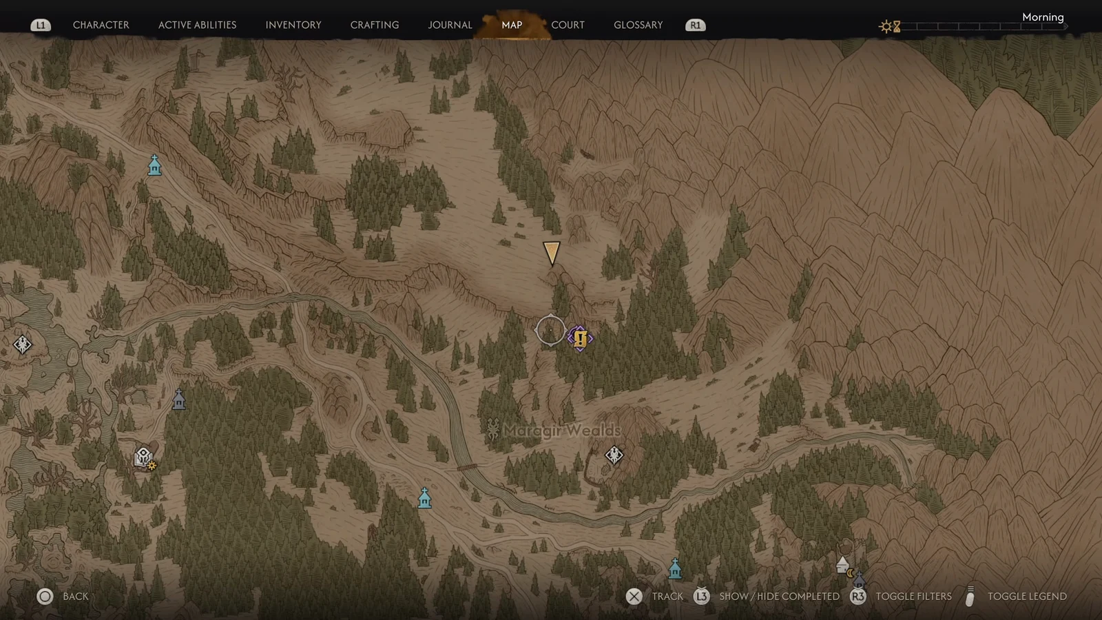 World map with a purple quest exclamation marker in Maragir Wealds ready to track