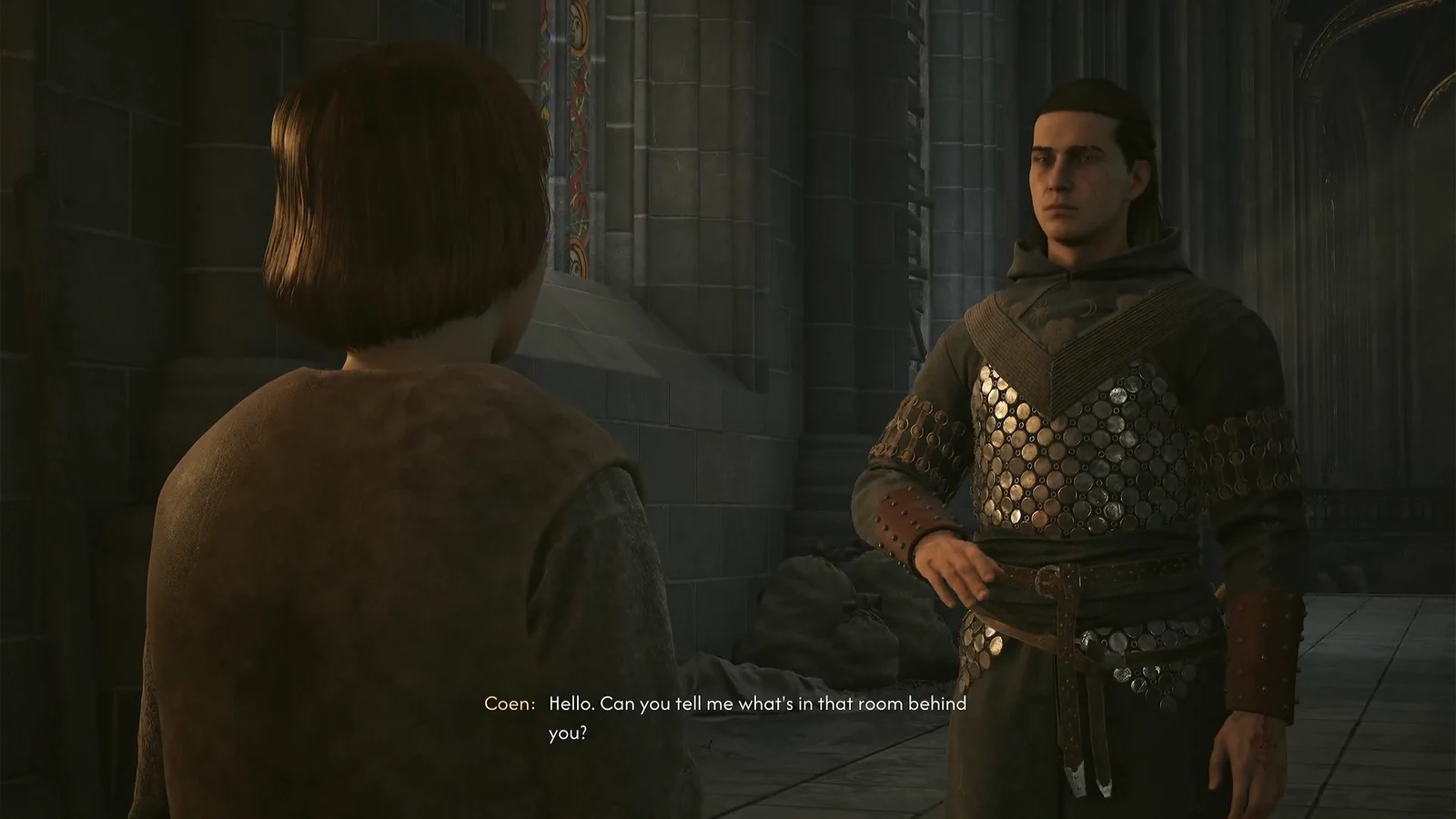 Coen asks about the locked room during a dialogue cutscene, with his line shown in subtitles
