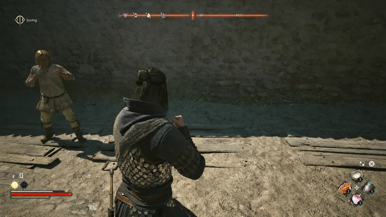 Coen squares up against an armed opponent outside the house as the autosave indicator appears