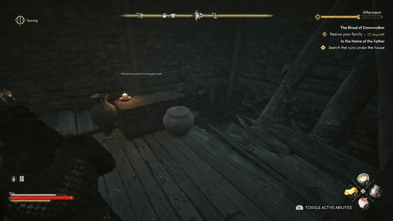 The objective Search the ruins under the house is tracked while Coen explores a dark stone chamber