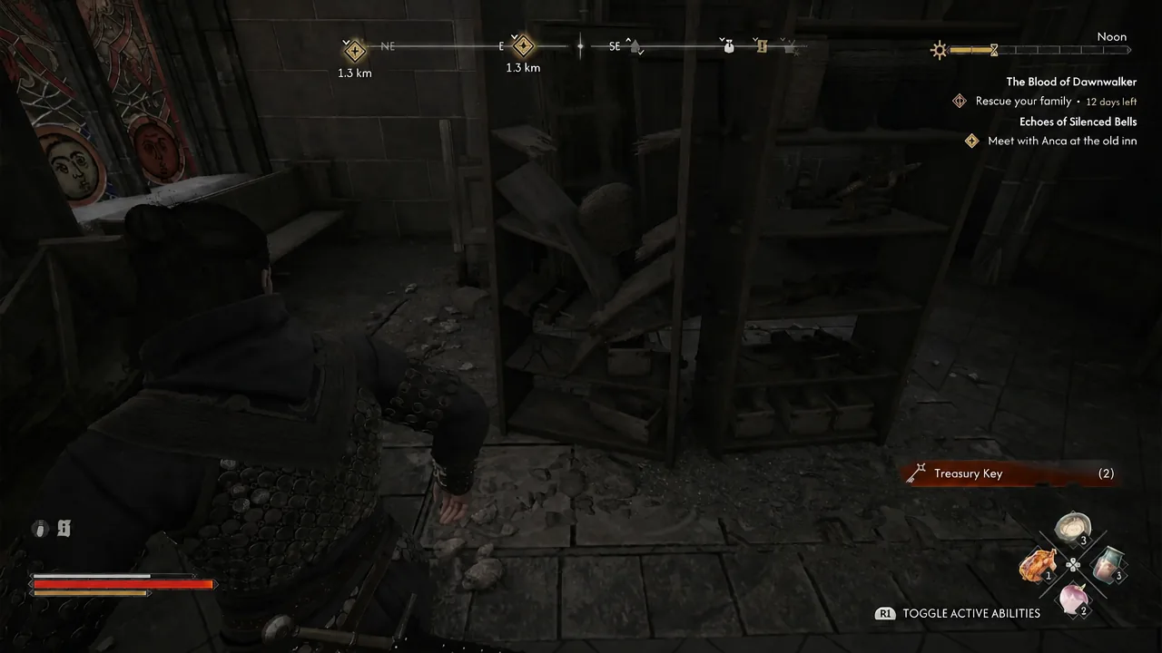 The HUD shows a Treasury Key pickup notification as Coen crouches by the desk