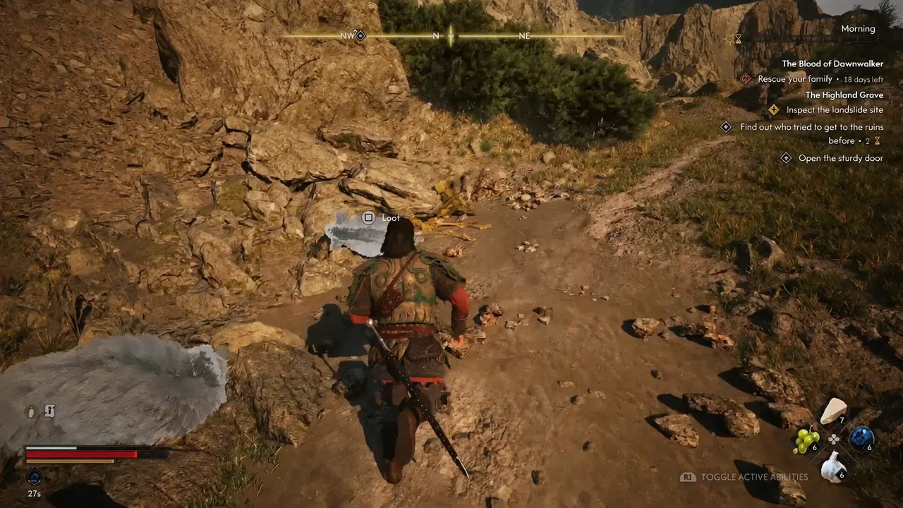 Gameplay screen with the square-button loot prompt highlighted next to the remains at the landslide