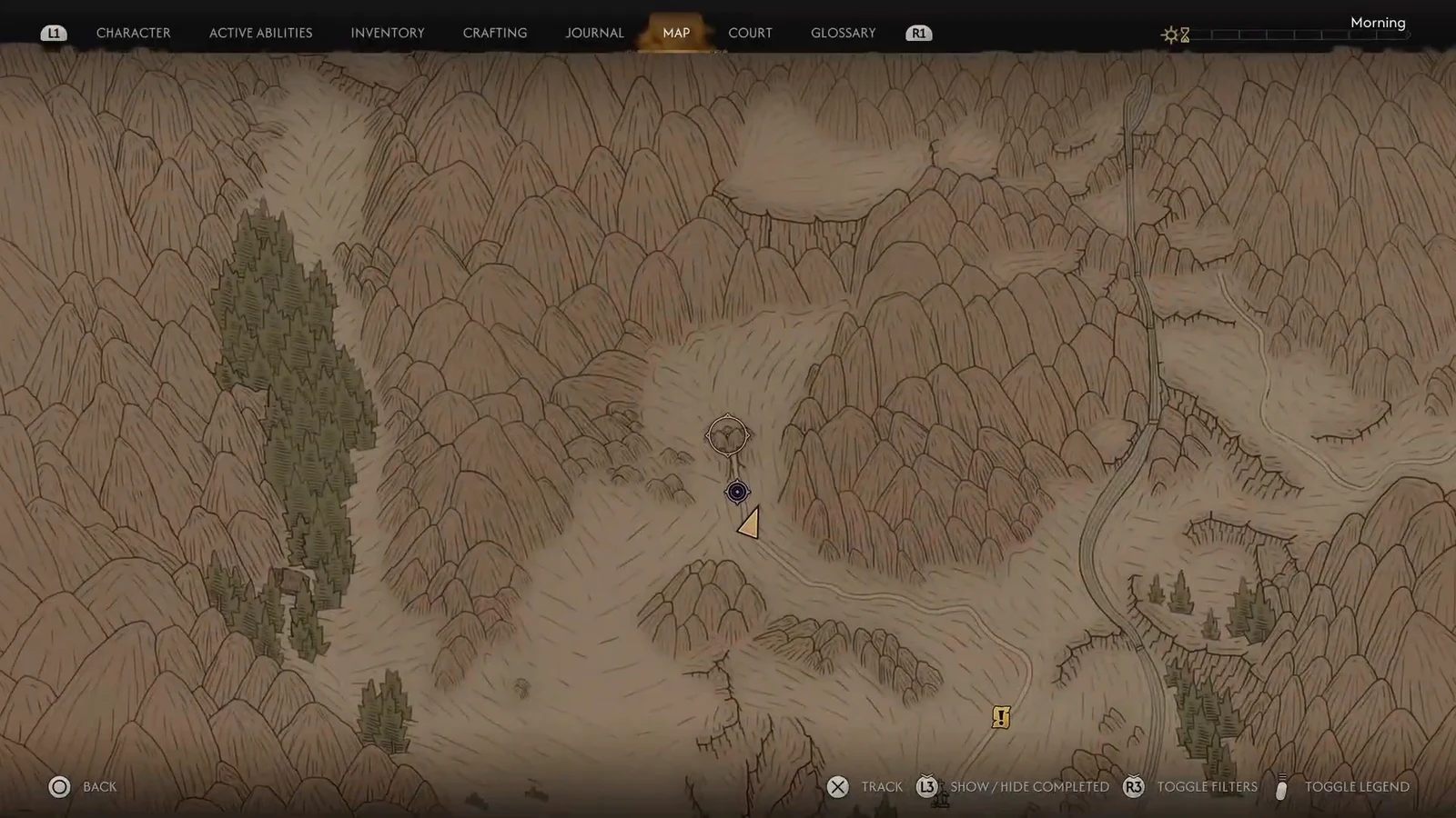 World map open on the mountain region, with the player marker and the tomb objective west of Rockfalls