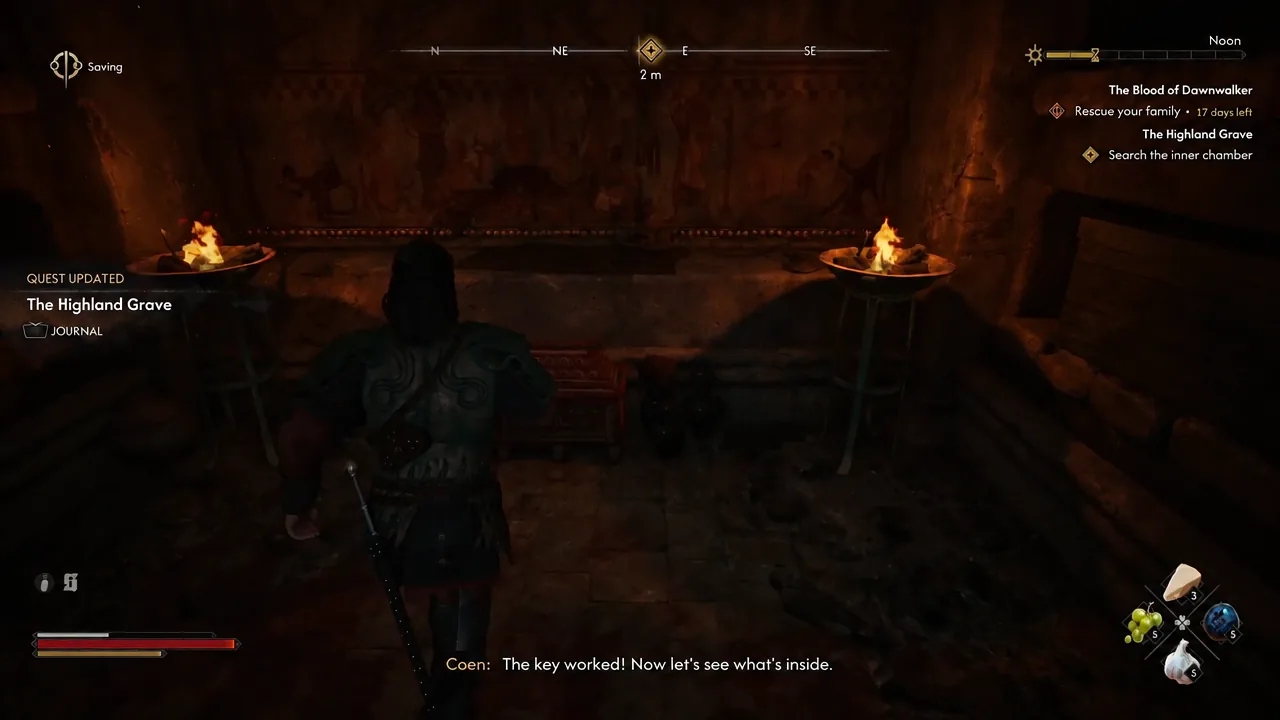 Quest tracker reading Search the inner chamber as the player moves toward the chest