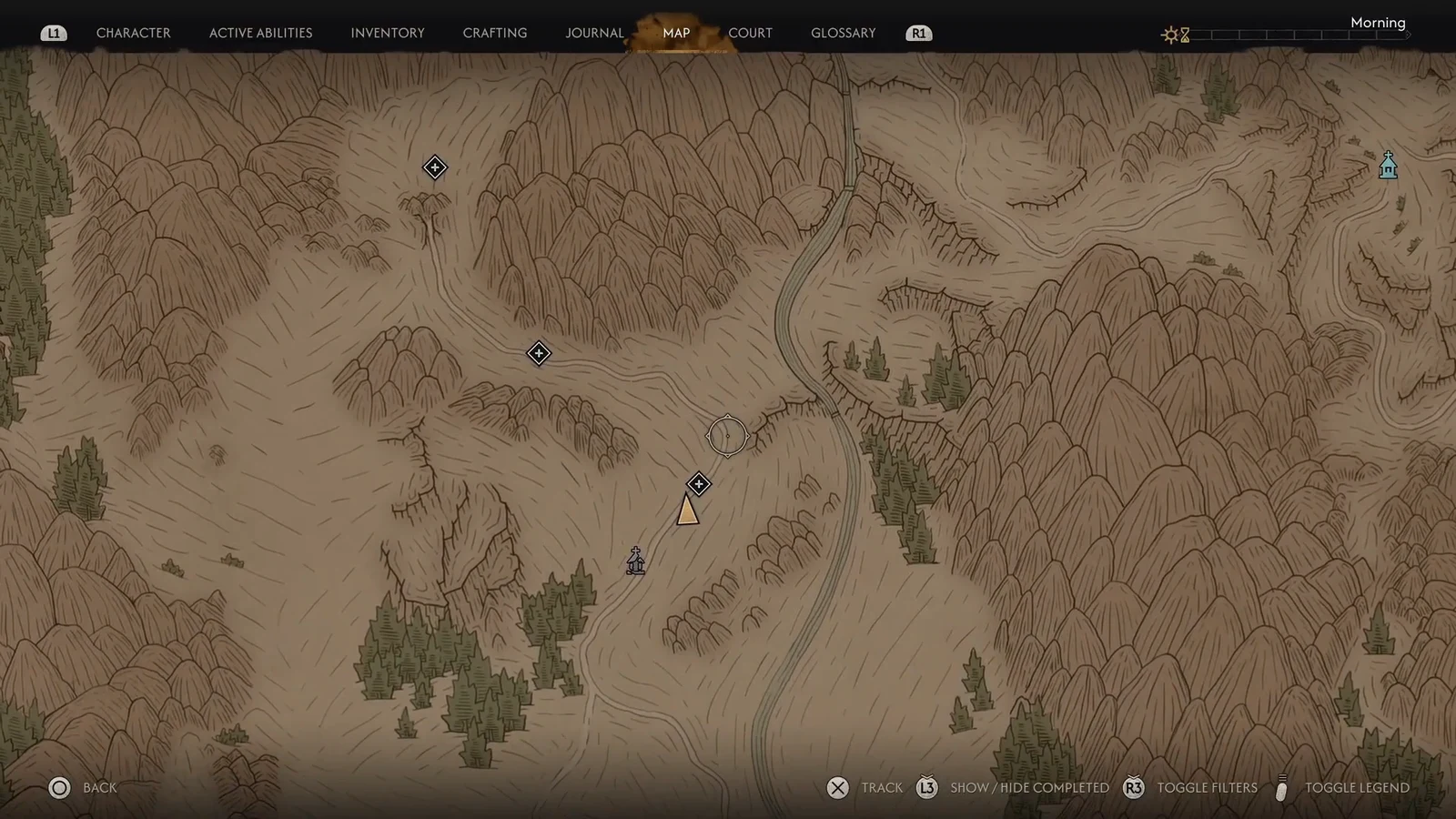 Map cursor hovering over a mountain location while the player marker and objectives stay visible
