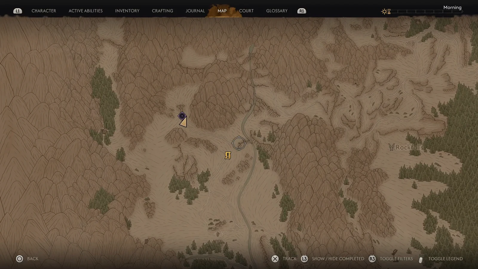 Map screen showing the Rockfalls area with the player marker and a yellow quest objective