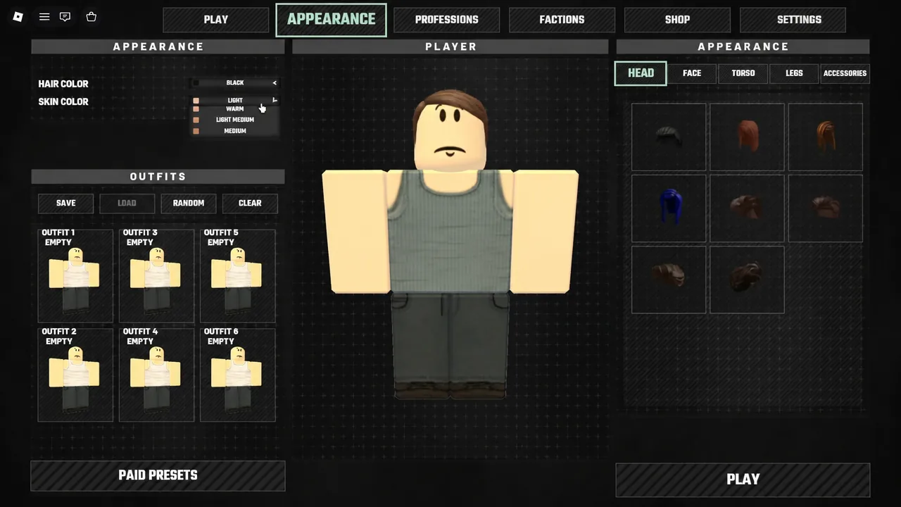 Appearance menu with the Skin Color field open on the Head tab