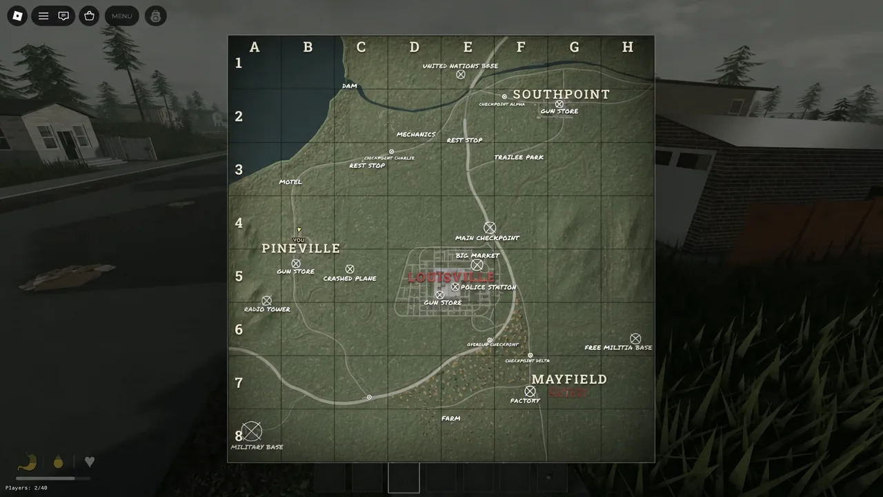 Yellow YOU marker on the map showing the player's position near Pineville
