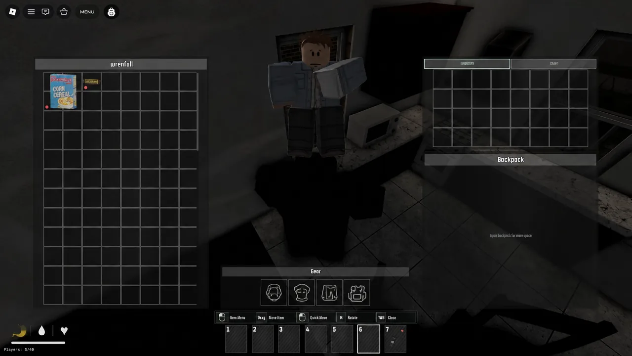 Inventory screen showing the Backpack and Gear panels side by side