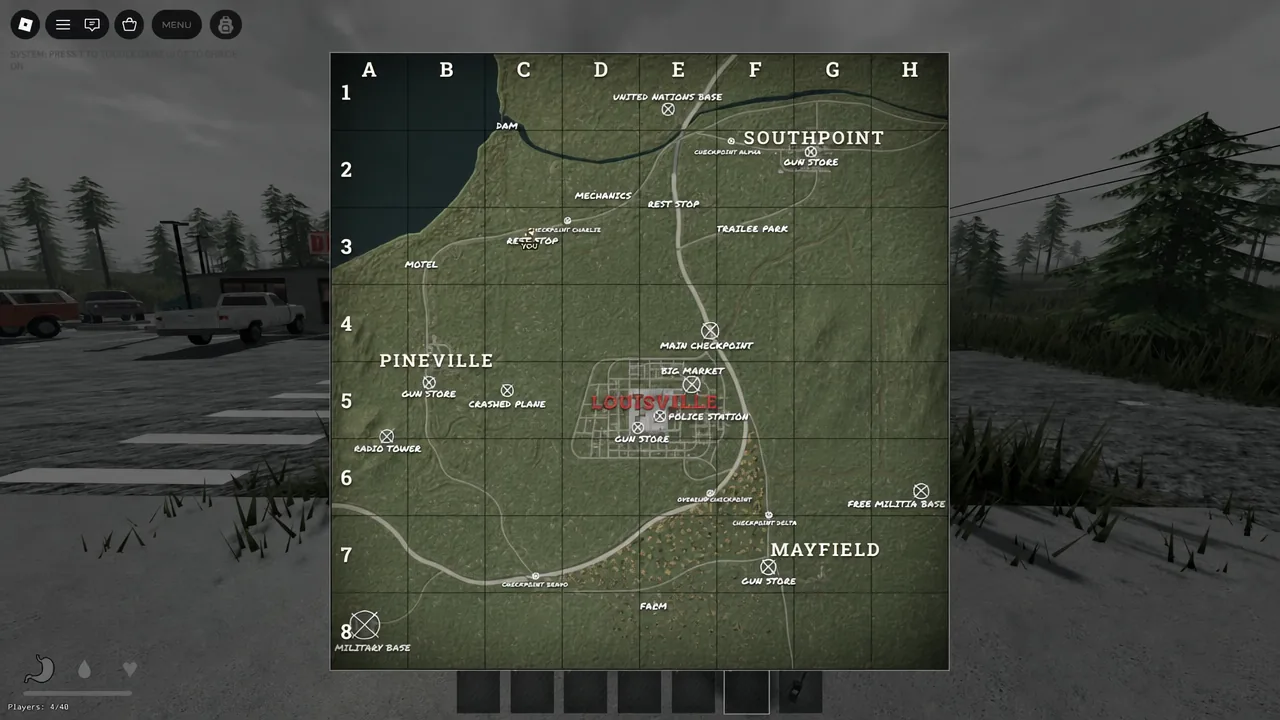 The in-game map open, showing the grid overlay and labeled town locations