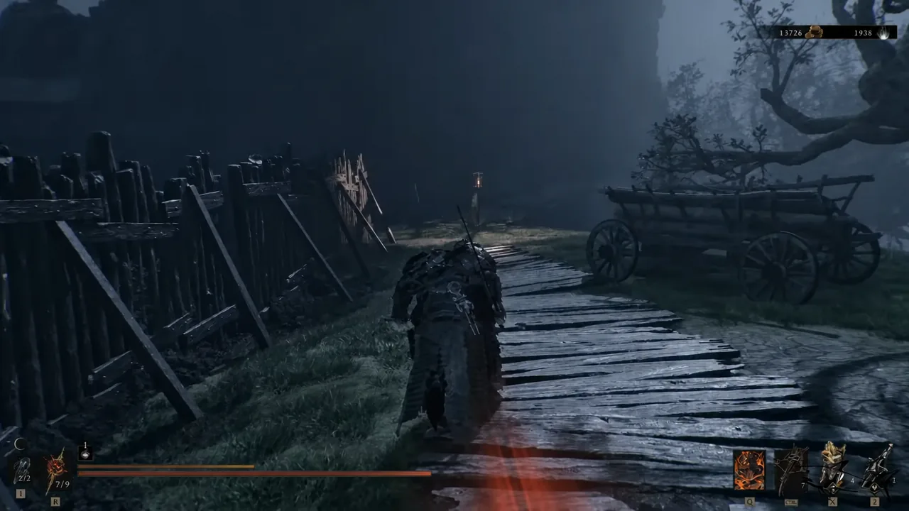 Player running forward along a wooden walkway between the Outskirts of Mammon and the Deserted Slums