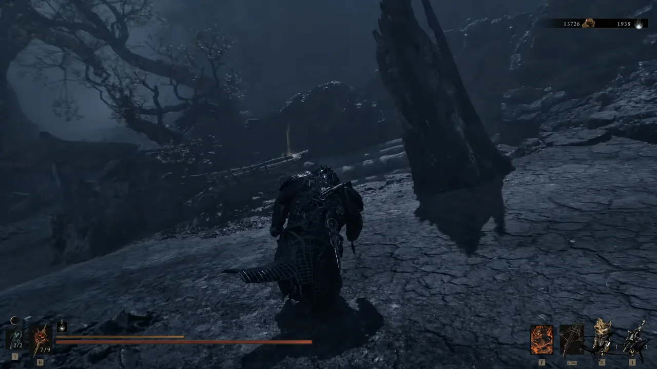 Character walking a dark rocky path in the Deserted Slums toward a glowing point of light