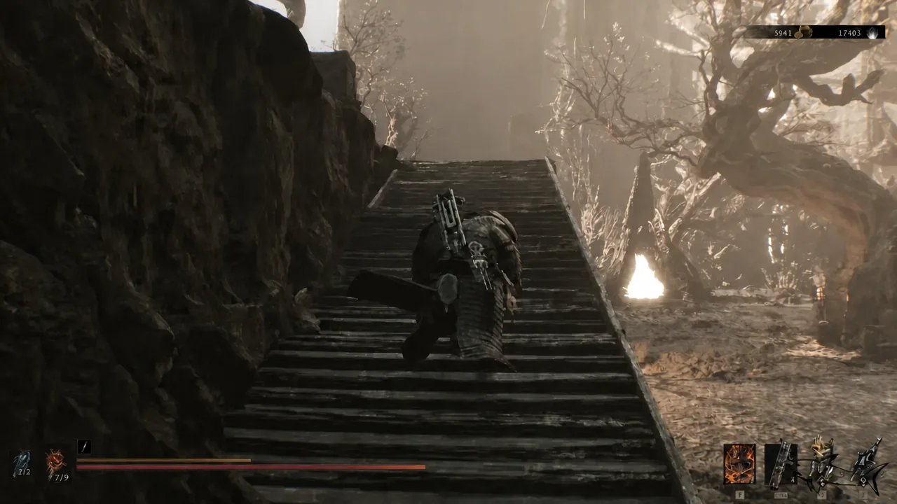 Armored Harbinger climbing wooden stairs inside Marrow Keep on the way to Thestus