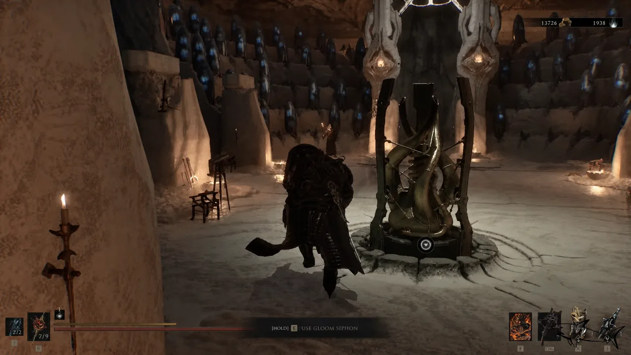 On-screen prompt to hold E to use the Gloom Siphon at a beacon