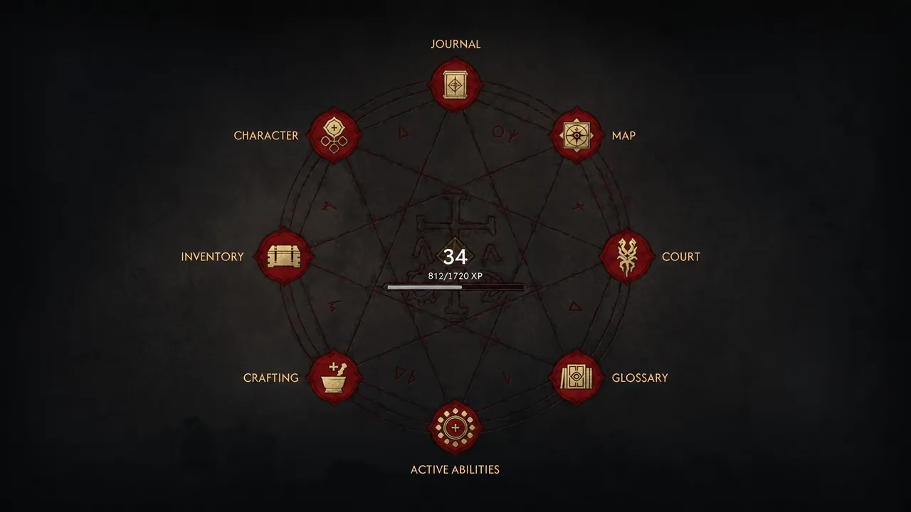 Journal radial menu open showing character progress at level 34