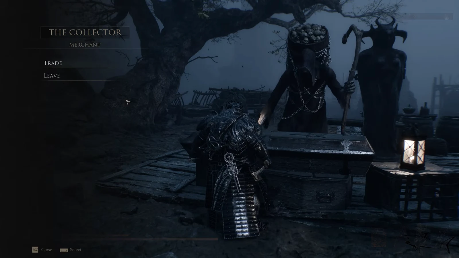 The Collector's dialogue menu open with the Trade option ready to select