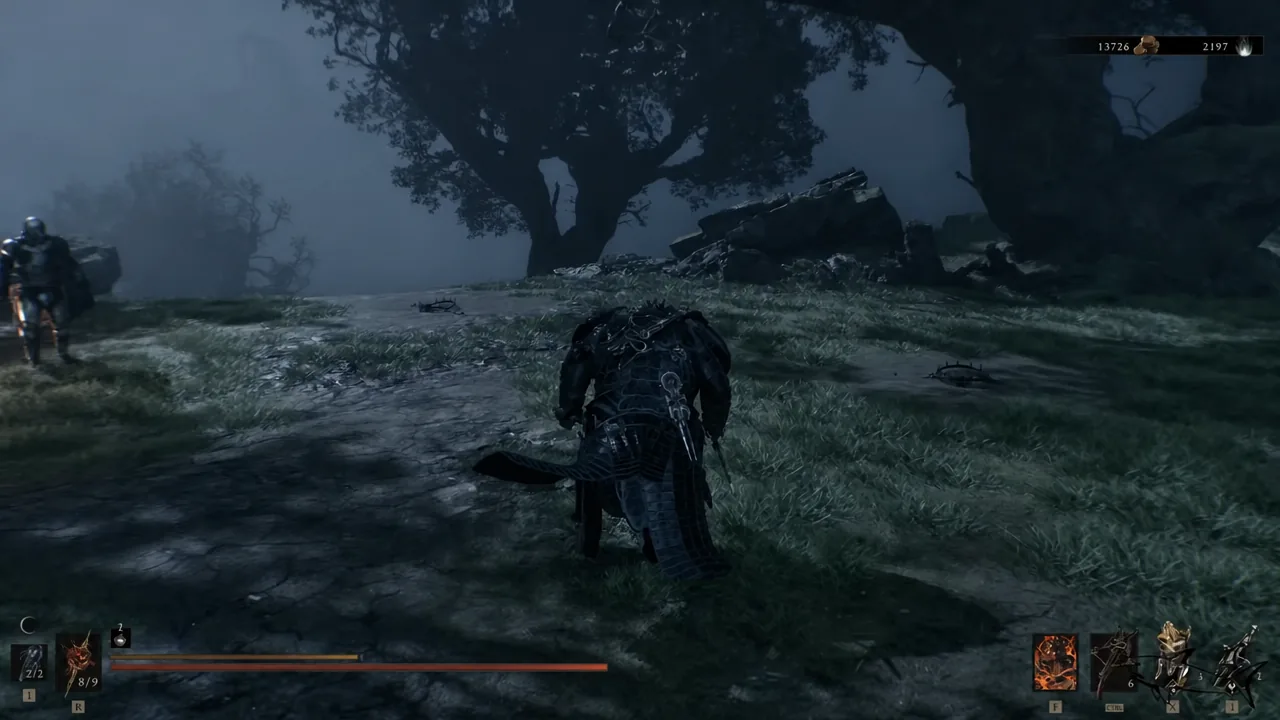 Armored player character running through dark grassy ruins with the combat HUD visible