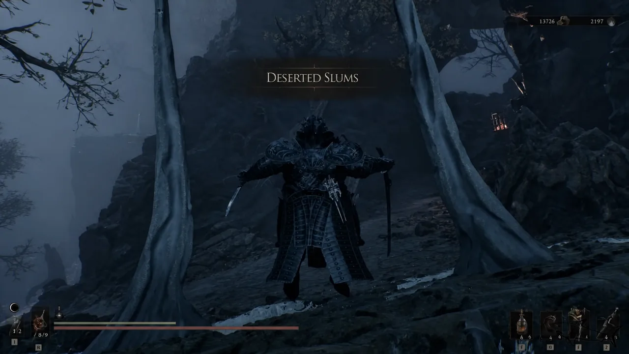 The Deserted Slums area name appears on screen as the player crosses into the region